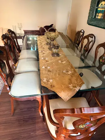 Luxury Glass-Top Dining Table with Hand-Carved Floral Chairs