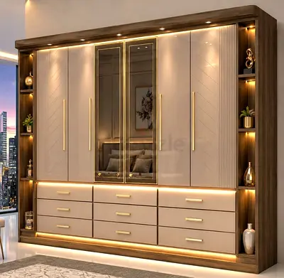 Modern Luxury Wardrobe with Integrated LED Lighting and Glass Doors