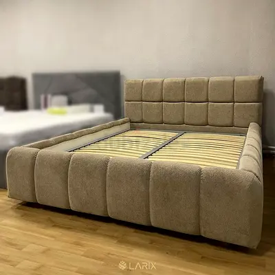 Beige Upholstered King Bed Frame with Padded Headboard and Side Rails