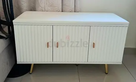 White Upholstered shoe Storage Bench with Three Doors and Gold Legs