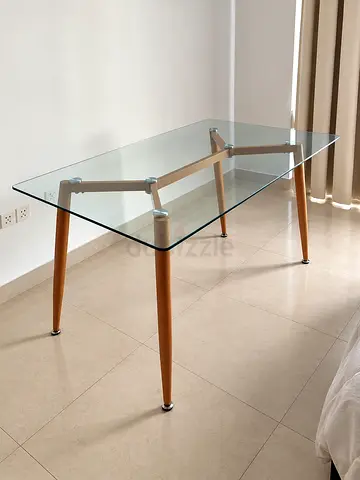 Glass Top Dining Table with Wooden Legs - Modern Design