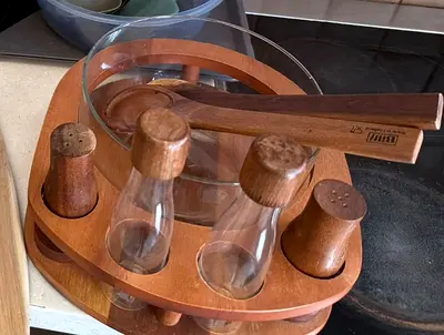 Wooden Salad Set with Salt Pepper , Sauce jars and spoons - good condition