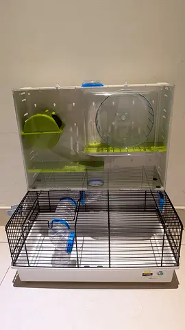 Used Multi-level Small pet Cage with Exercise Wheel and Accessories.