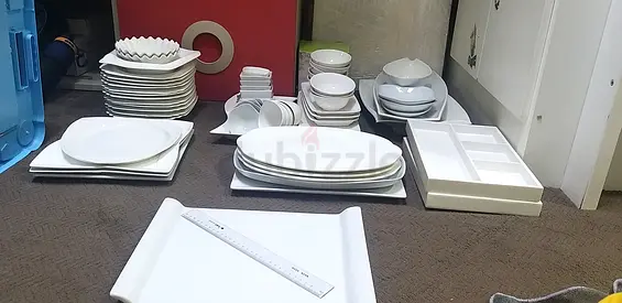 White Ceramic Dinnerware Set - Plates, Bowls & Serving Platters (Used) 75 pieces