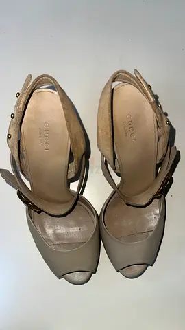 Beige Gucci peep-toe slingback heels