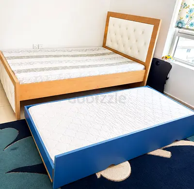 Wood Frame Double Bed with Trundle Bed - Light Oak & Blue