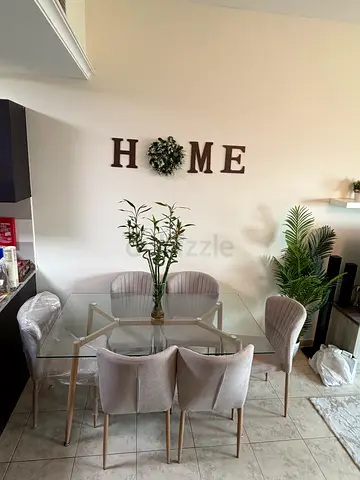 Glass Top Dining Table with 6 Upholstered Chairs - Light Beige