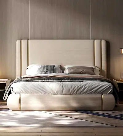 Modern upholstered king bed with tall padded headboard