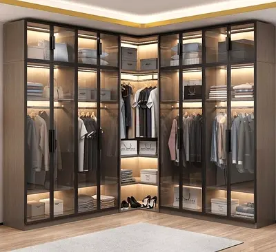 Modern L-Shaped Corner Wardrobe with Glass Doors and LED Lighting