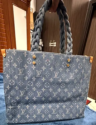 Designer Inspired Denim Tote Bag with Braided Handles