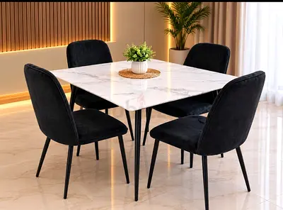 Modern Marble Top Dining Table with 4 Black Velvet Chairs