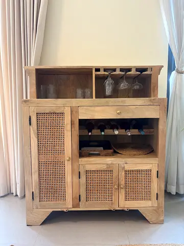 Solid Mango Wood Home Bar Cabinet with Rattan Details