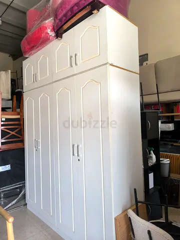 Large White Wooden Wardrobe with Overhead Cabinets - Good Condition