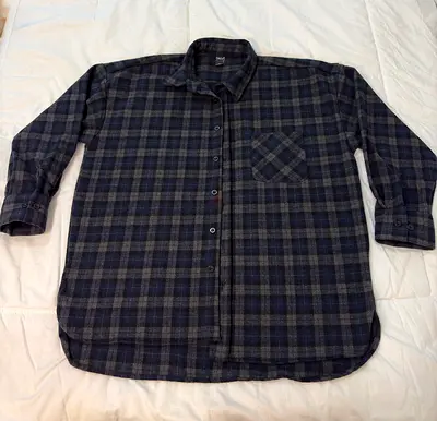 Unisex Navy Grey Plaid Long-Sleeve Casual Shirt - Size L