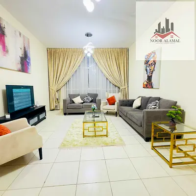 Sharjah, Al Mamzar, Al Nakhla Tower 1: Apartment featuring a bedroom, living room, kitchen, and two bathrooms.