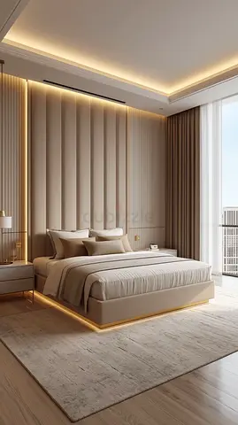 King Size Bed with Built Base and Headboard - Light Beige