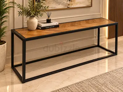Marina home Modern Herringbone Console Table with Black Metal Frame