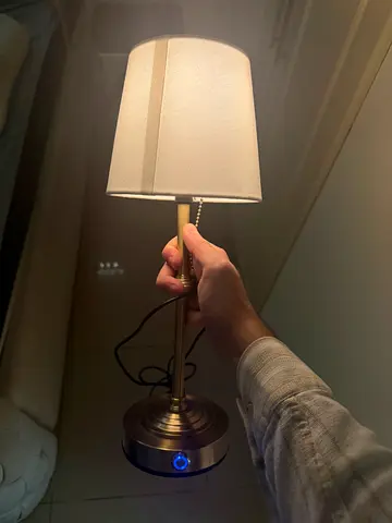 Brass bedside table lamp with fabric shade - working