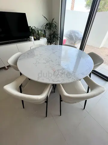 6 Seater Round Marble Dining Table & Chairs
