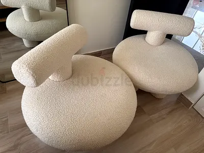 Set of 2 Cream Bouclé Poufs / Ottoman Stools - Modern Curved Design from Daze Dubai