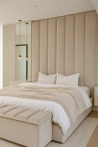 Brand new Beige upholstered bed with tall padded headboard