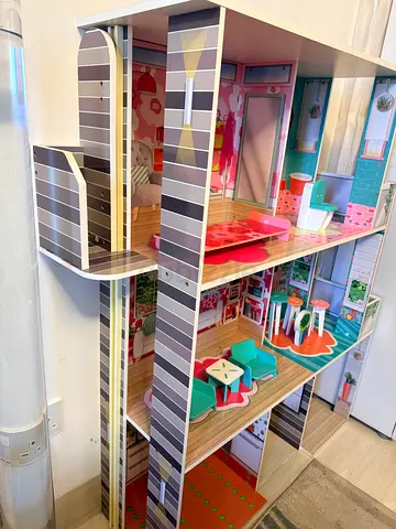 Large Wooden Dollhouse with Furniture - Good Condition
