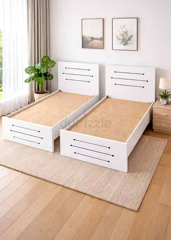 Pair of White Single Beds with Headboards — New