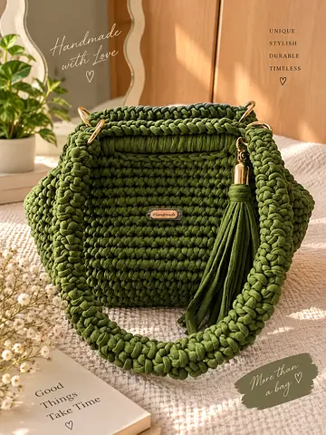 Handmade Olive Green Crochet Shoulder Bag with Tassel