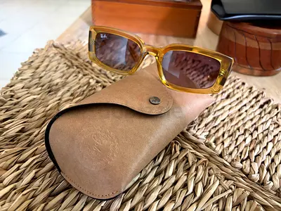 Light Amber Rectangular Ray-Ban Sunglasses with Leather Case