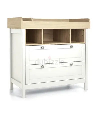 White Wooden Baby Changing Dresser with Two Drawers and Shelves