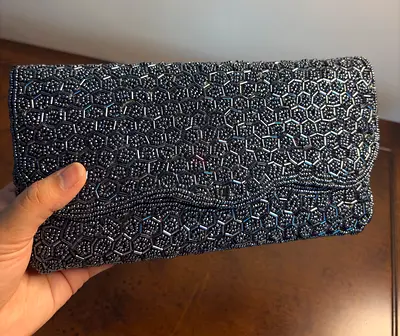 Black Beaded Evening Clutch Bag - Elegant Foldover Design