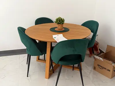 Wooden Round Dining Table (120cm) from Homecenter with 4 Green Velvet Chairs - Good Condition