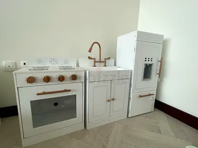 Wooden Play Kitchen Set with Oven, Sink and Fridge — White, Good Condition