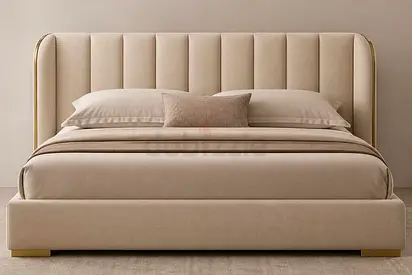 Queen upholstered bed with padded headboard - beige