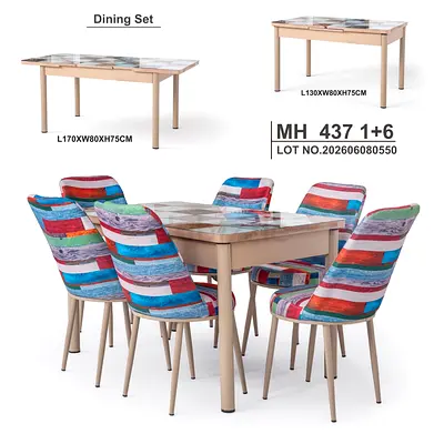 6-seater dining table set with patterned upholstered chairs