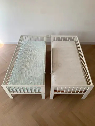 Pair of White Wooden Toddler Beds with Guard Rails