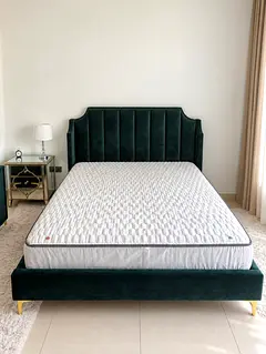 Queen velvet upholstered bed frame with headboard (dark green)