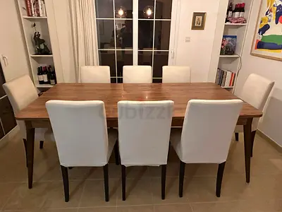 Solid Wood Dining Table with 8 Upholstered Chairs - Excellent Condition.