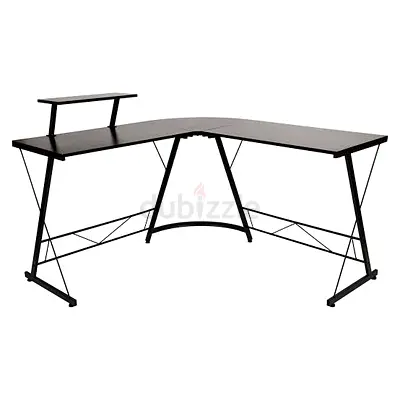 L-Shaped Gaming/Corner Desk with Monitor Riser - Black Red Trim