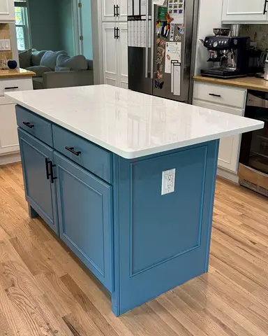 Blue Kitchen Island with White Quartz Top and Storage