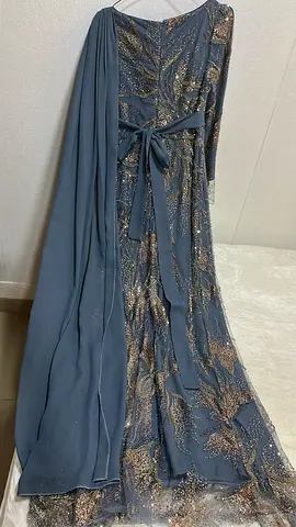 Navy Formal Evening Gown with Metallic Embellishments - Medium Size