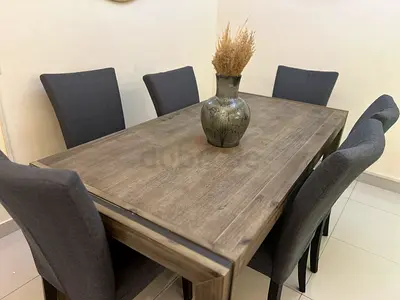 Wooden 6-Seater Dining Table with Upholstered Chairs - Gray Finish