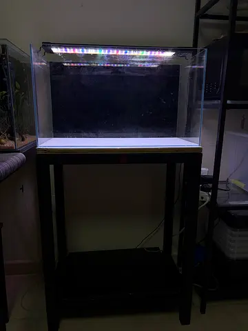 Clear glass aquarium tank with LED light and black stand - good condition