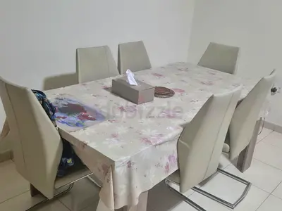Wooden Dining Table with 6 Cream Leather Chairs