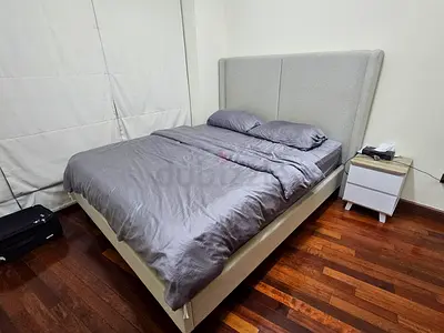 Queen bed frame with mattress and night stand - excellent condition, like new.