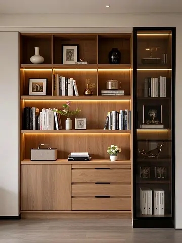 Modern Wooden Bookcase with LED Shelves and Glass Display Cabinet