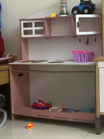 Wooden Play Kitchen Set with Accessories - Pink/White, Good Used Condition