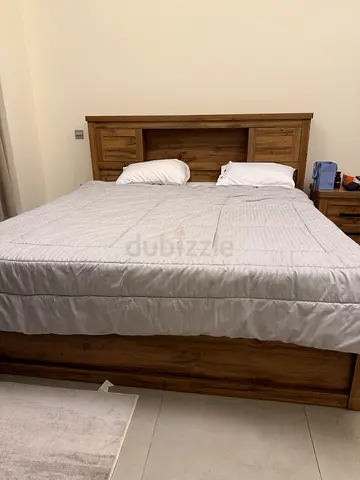 Queen wooden bed frame with 2 wooden tables