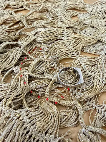 Silver ring and delicate silver chain necklace with red bead accents - preowned