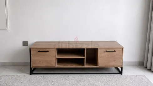 Wooden TV Entertainment Unit with Metal Frame - Light Oak